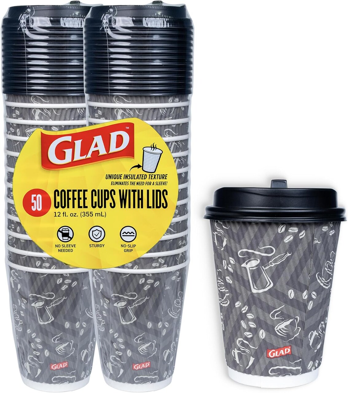 50-count pack of 12 oz insulated disposable coffee cups with lids, perfect for hot chocolate, cocoa, or tea—no sleeve needed for added comfort.